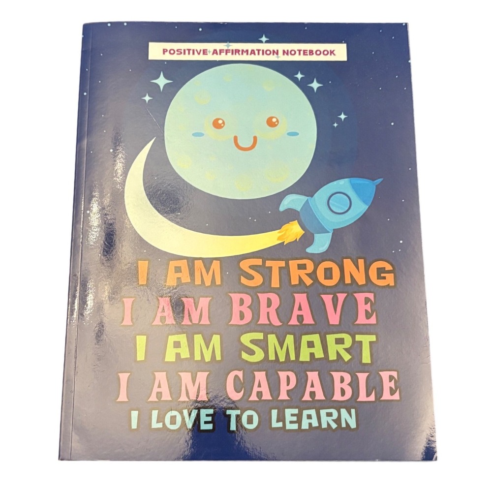 Positive Affirmation Notebook Kids Journal Space Moon Rocket Blue Softcover